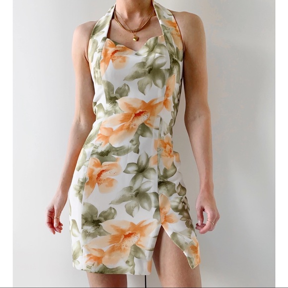 Vintage floral print halter bodycon fitted mini dress with slit